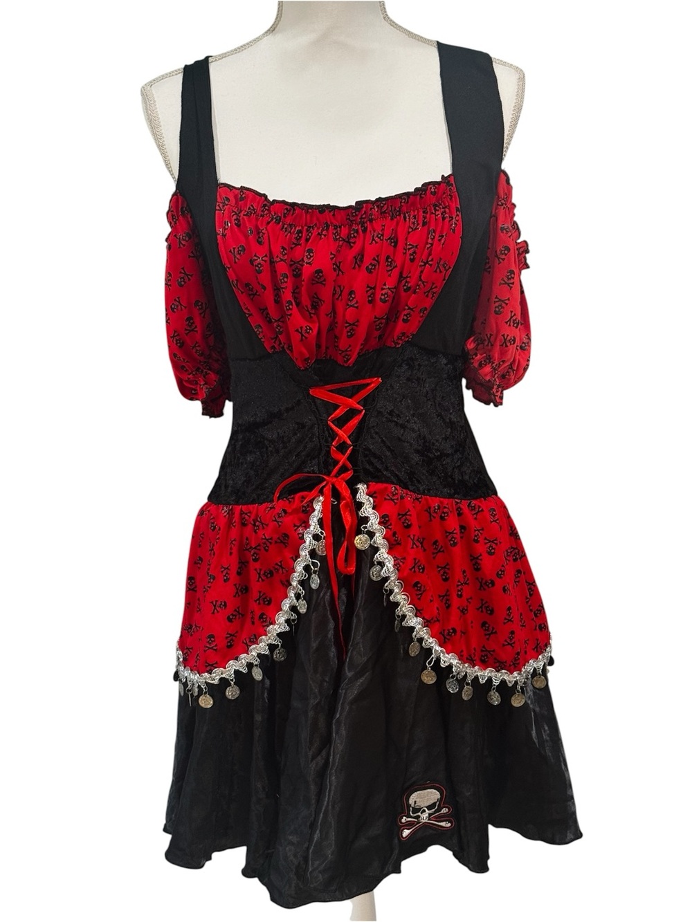 Women's red & black pirate wench costume mini dress with coin trim & tulle, XL.